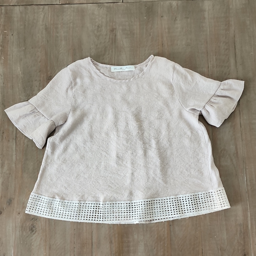 Sleeve Ruffle Eyelet Hem Blouse - Light Blush